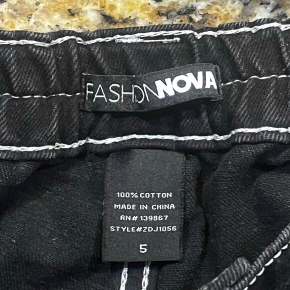 Fashion Nova Cargo Pants Womens 5 Black Utility Baggy Contrast Stitch Streetwear - Picture 2 of 8